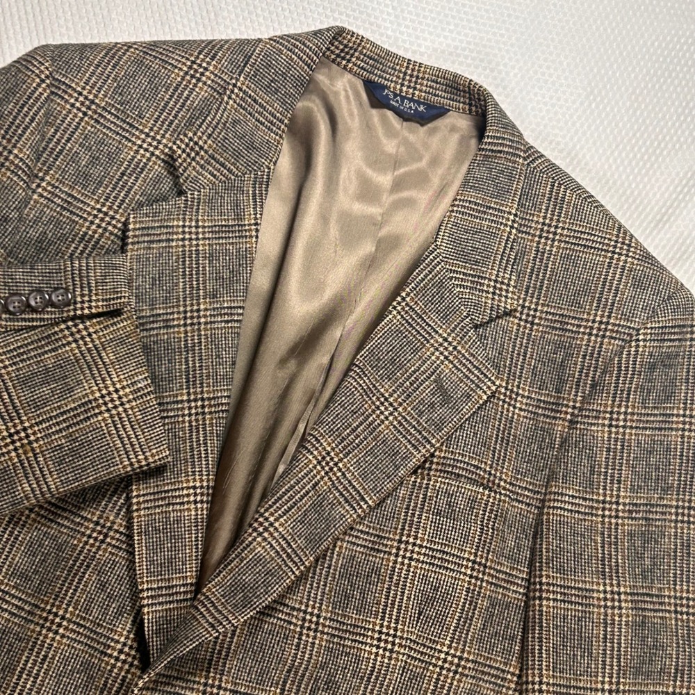 VTG Jos A Bank Sport Coat 100% Camel Hair Glen Plaid Brown Blazer USA 44L
